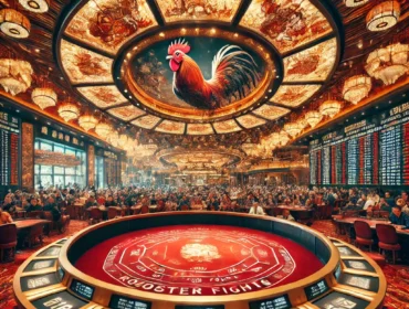 DALL·E 2025-01-14 14.16.27 - A detailed and sharp analog-style photo of a casino arena set up for rooster fights. The background features luxurious decorations, vibrant lighting w