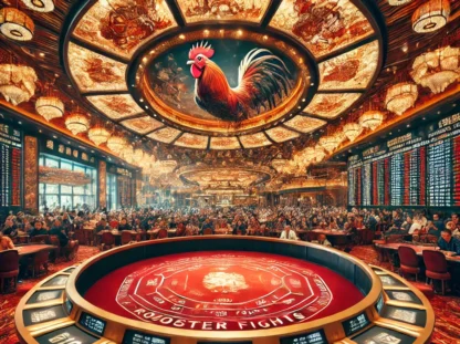 DALL·E 2025-01-14 14.16.27 - A detailed and sharp analog-style photo of a casino arena set up for rooster fights. The background features luxurious decorations, vibrant lighting w