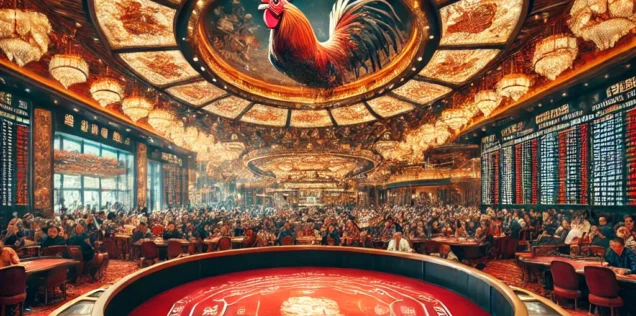 DALL·E 2025-01-14 14.16.27 - A detailed and sharp analog-style photo of a casino arena set up for rooster fights. The background features luxurious decorations, vibrant lighting w