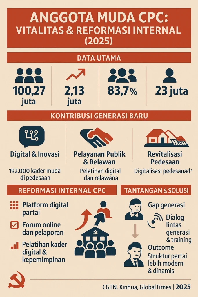 Infografis kontribusi anggota muda CPC terhadap reformasi internal partai tahun 2025


